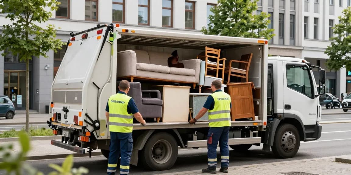Sperrmüllabholung 80 Euro Berlin: Efficient waste collection team in urban setting, loading old furniture into truck.