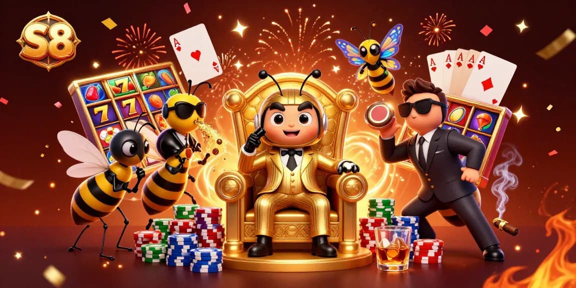 Experience thrilling gameplay at S8 with vibrant slot machines and a bumblebee mob boss in action.