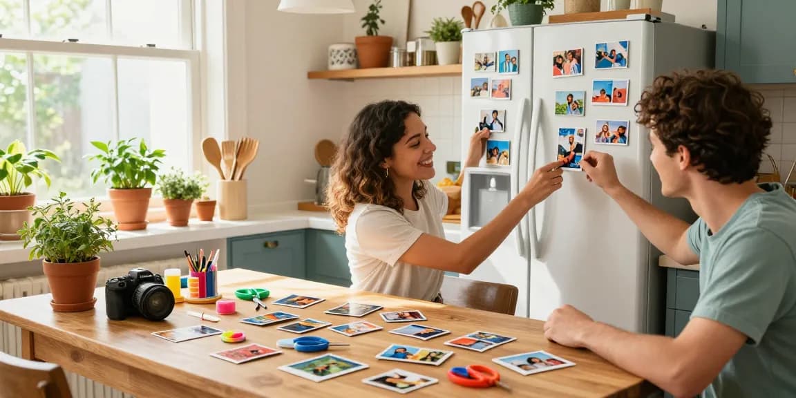 Couple crafting delightful fridge magnets with personal photos in a bright kitchen.