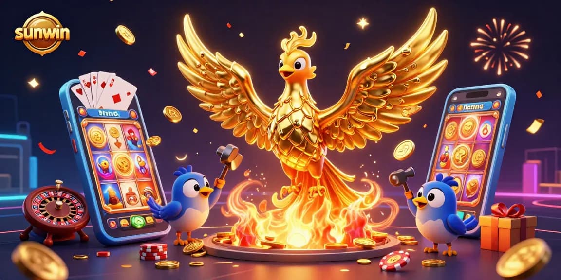 Play exciting games at sunwin, featuring a dynamic golden phoenix surrounded by casino elements.
