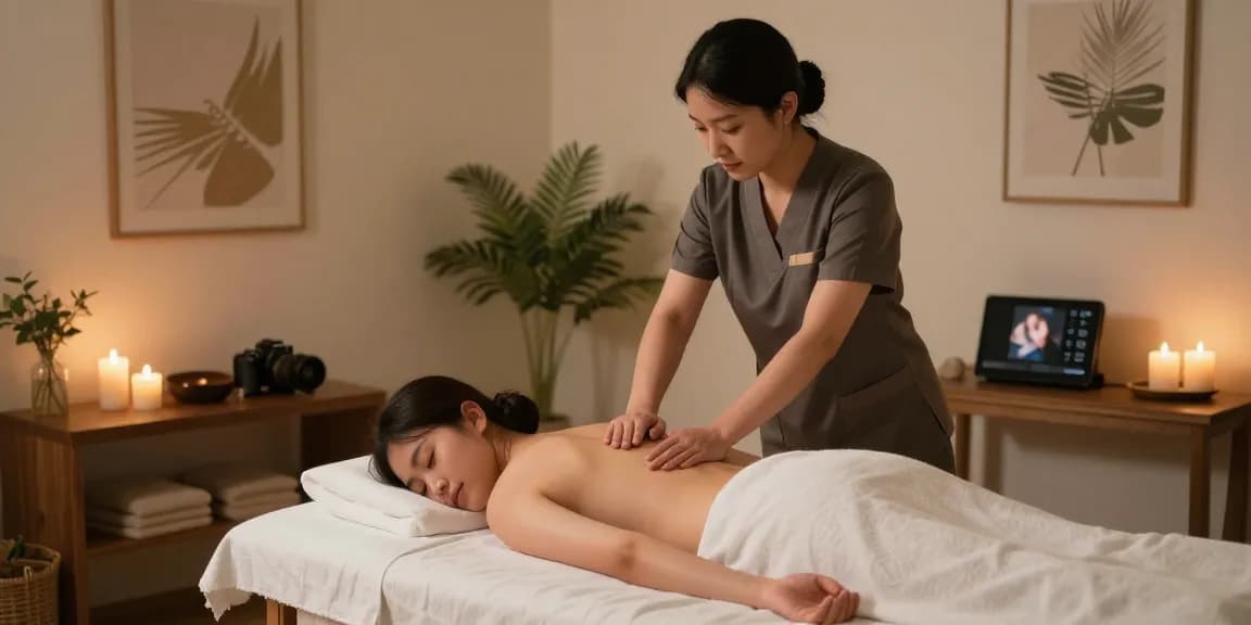 출장안마를 받는 고객과 전문 관리사가 있는 아늑한 마사지 스파 장면
