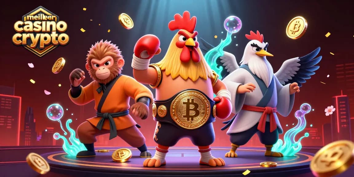 Jouez au meilleur casino crypto avec des personnages dynamiques entourés de pièces de Bitcoin et Ethereum.
