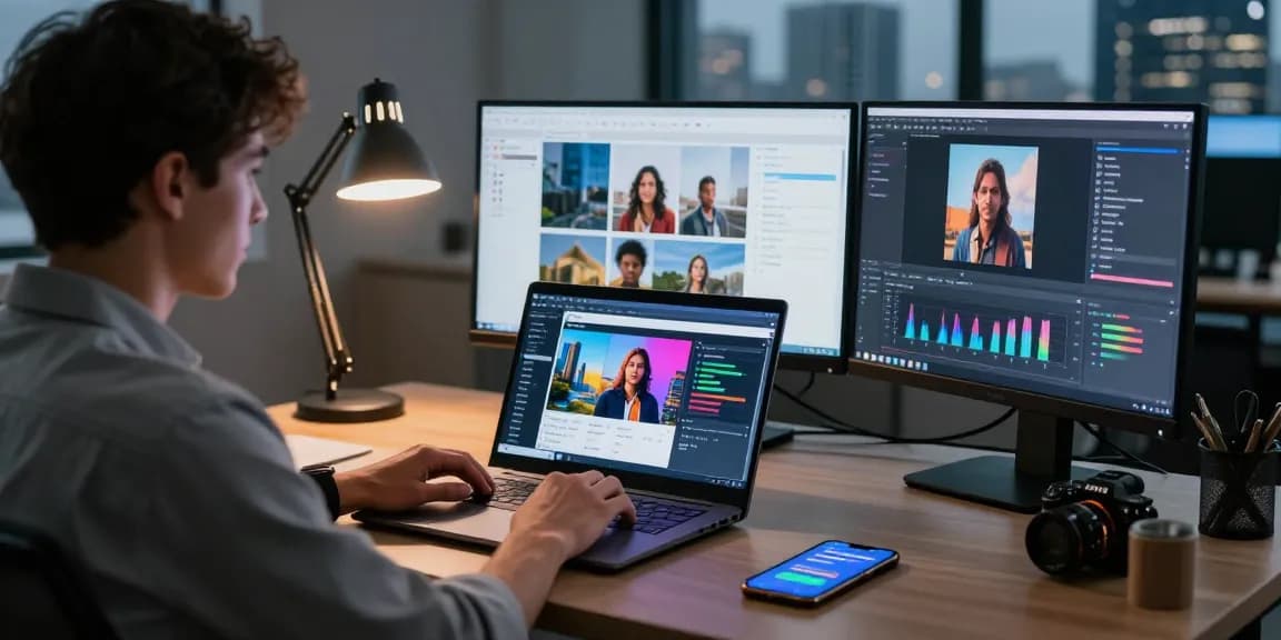 Tech professional using an ai image checker tool analyzing digital images in a modern workspace.