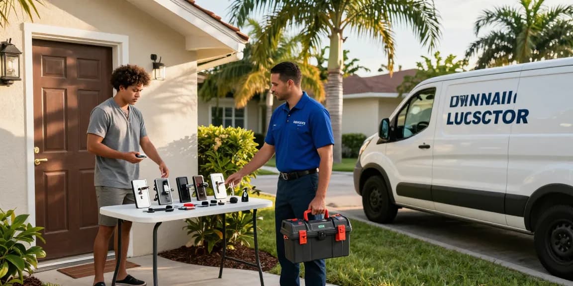 Locksmith Fort Lauderdale FL providing fast service to a homeowner in distress at their front door.