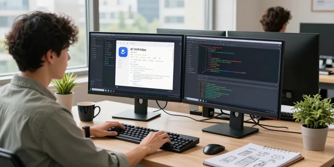 Young professional coding on 纸飞机中文版 app in a modern workspace