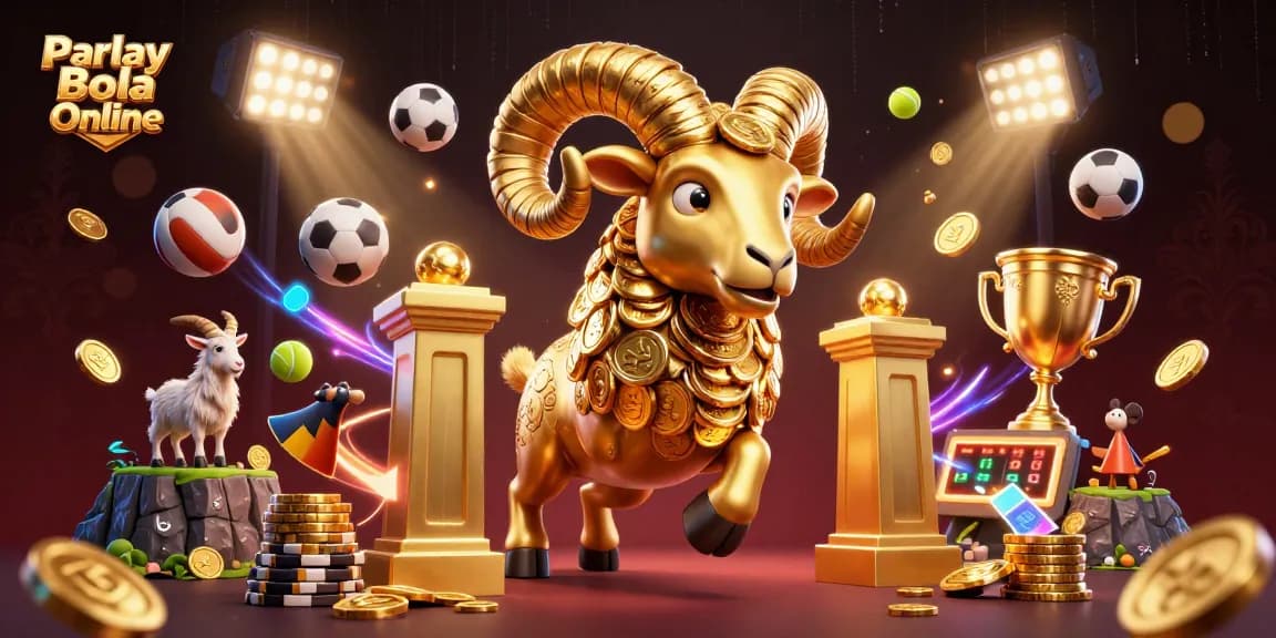 Experience thrilling Parlay Bola Online action with a golden ram charging at victory, surrounded by vibrant sports elements.