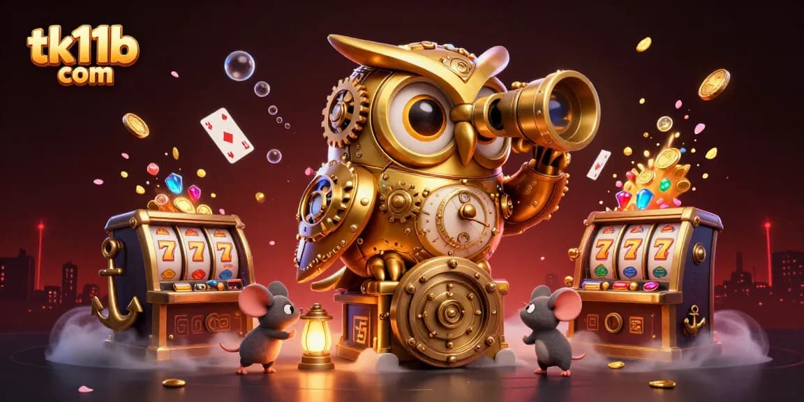 Experience thrills at tk11b com with a clockwork owl overseeing a vibrant casino floor.
