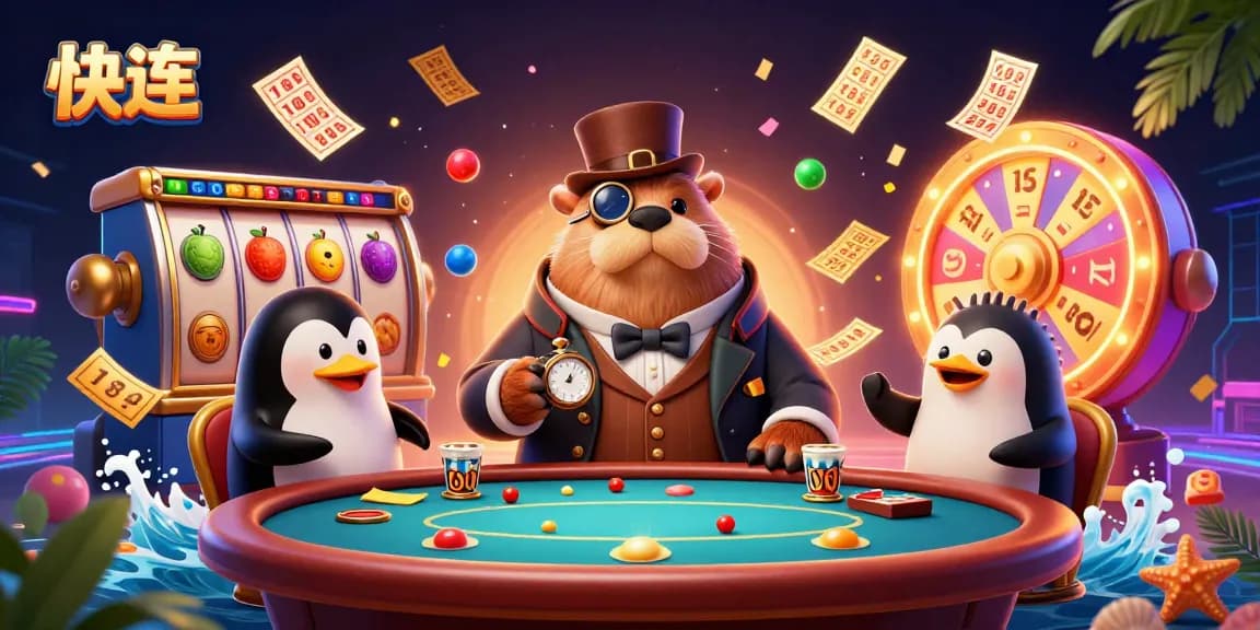 快连 players enjoy an exciting poker game with vibrant slot machines and casino elements floating around.