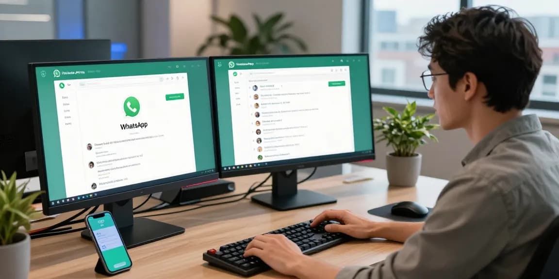 Engaged professional using WhatsApp網頁版 on desktop with modern office setup.
