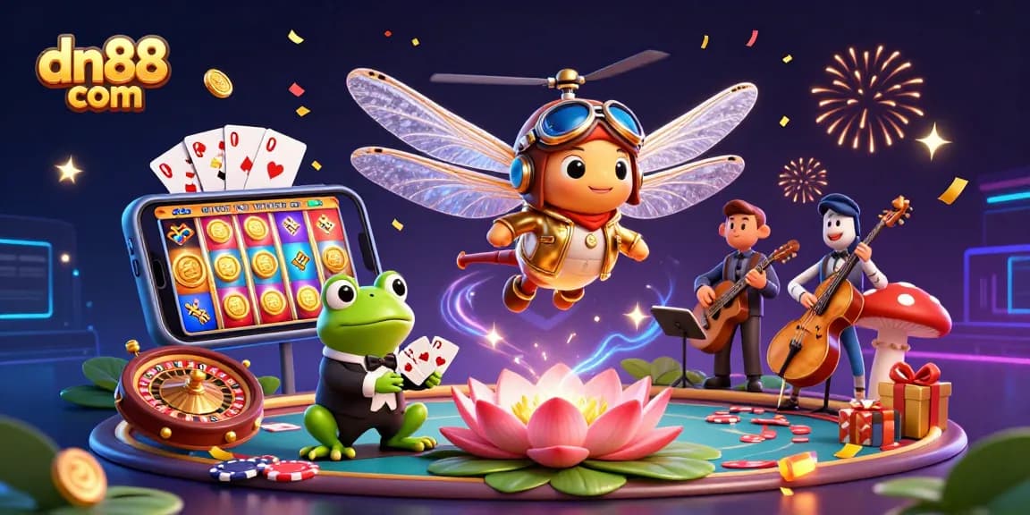 Experience thrilling gaming at dn88 com with a vibrant casino scene featuring a dragonfly pilot, frog croupier, and festive casino elements.