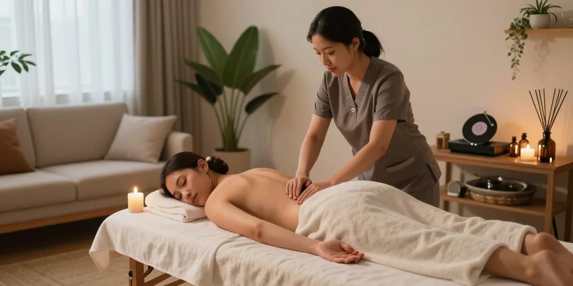 Relaxing 출장안마 session at home with a therapist, soft lighting, and calming atmosphere