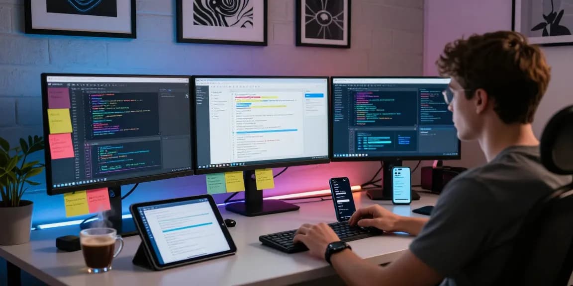 Dynamic workspace with developer showcasing teiegramin.com analytics, highlights innovative software design.