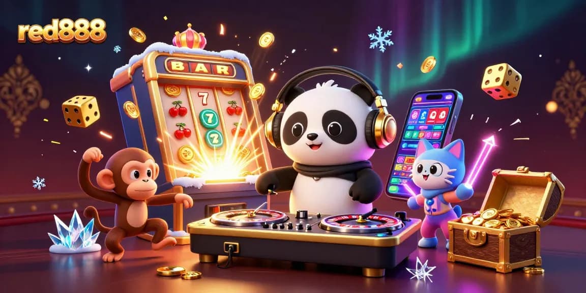 Experience the excitement of red888 with a dynamic 3D casino scene featuring a DJ panda and fun characters.