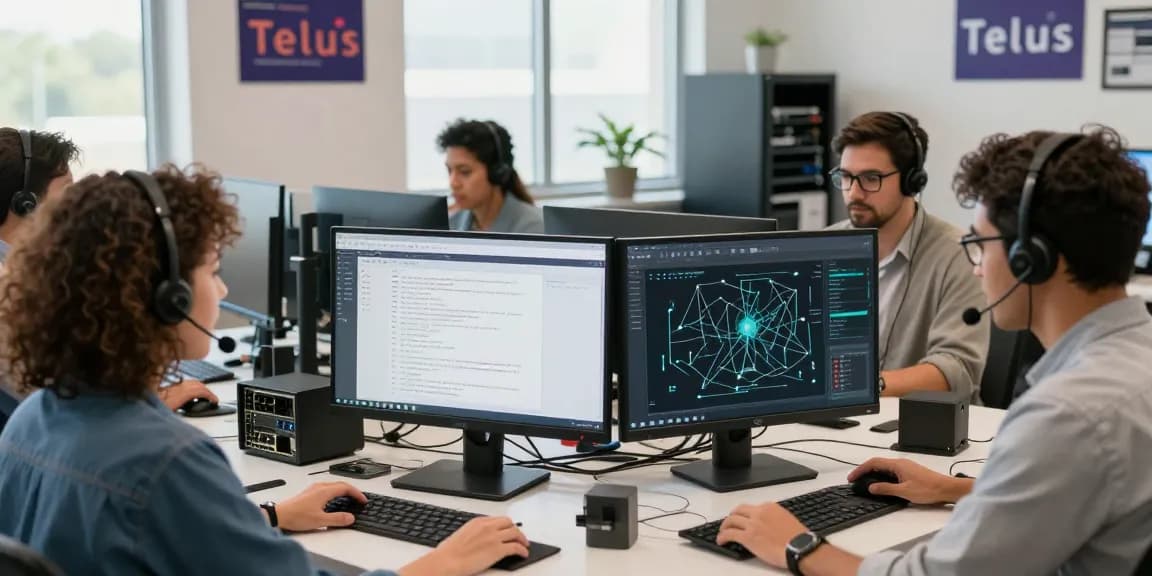 Team members providing Telus-Technical-Support in a bright tech support center, fostering an efficient and collaborative environment.