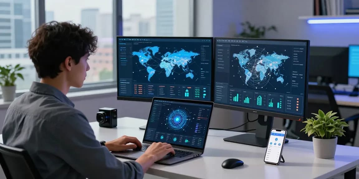 Network engineer optimizing 快连 connectivity in a modern workspace with multiple screens and city view.
