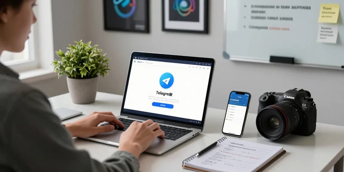 Engaging workspace for telegram china install setup with laptop, smartphone, and notes.
