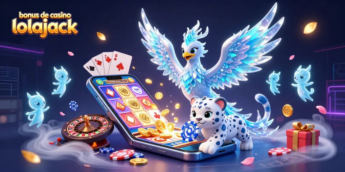 Engaging scene illustrating the bonus de casino lolajack with a phoenix, snow leopard cub, and gaming elements.