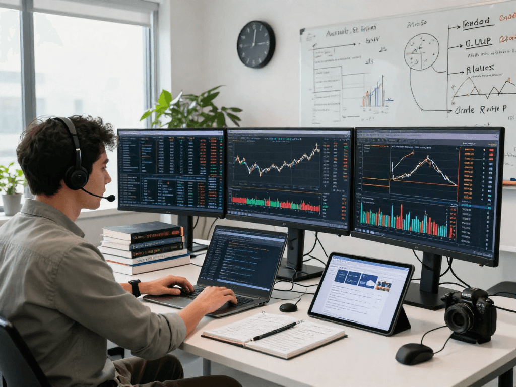 Analyzing Frankfurt exchange data feed in a high-tech trading office with multiple monitors.
