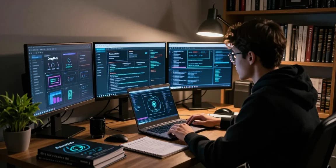Researching Best Darknet Markets 2026 in a dimly lit room with multiple screens and notepads.