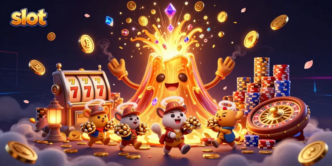 Spin the slot machine to win treasures from a triumphant volcano in this vibrant illustration.