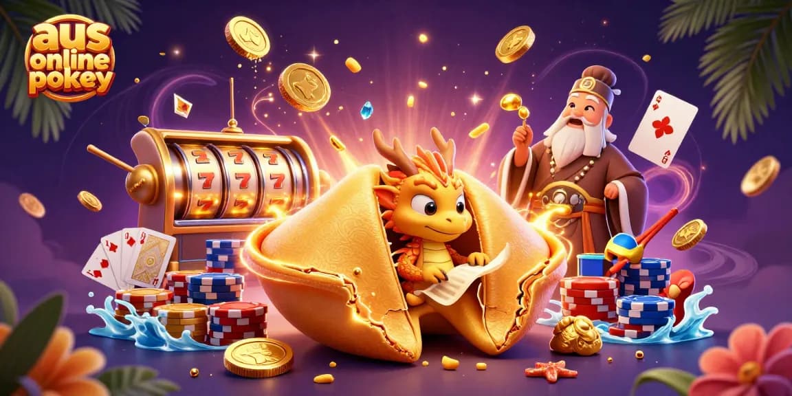Play aus online pokies at a vibrant casino with cascading coins and slot machine action.