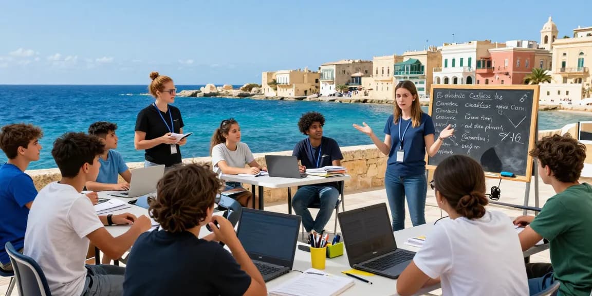 Studierende genießen Englischkurse in Malta in einem schönen Klassenzimmer im Freien mit mediterranem Blick.