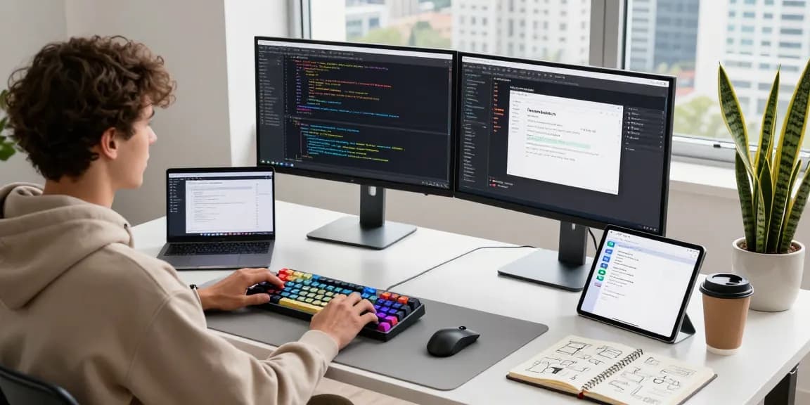 Developer at telegraimin.com workspace with dual monitors displaying code and design, creating a productive atmosphere.