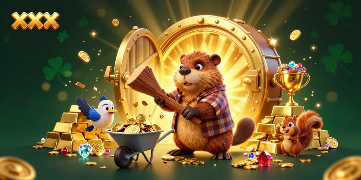 Experience the xxx excitement as our beaver character chops for coins in a vibrant casino scene.