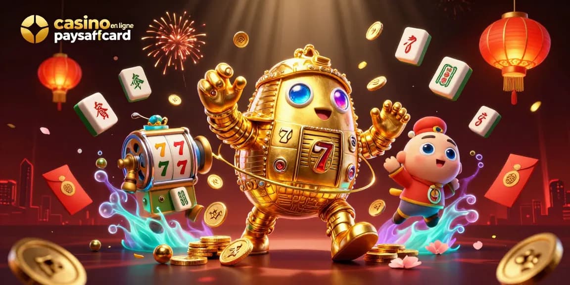 Plongez dans le monde du casino en ligne paysafecard avec un golem doré animé parmi des éléments festifs.