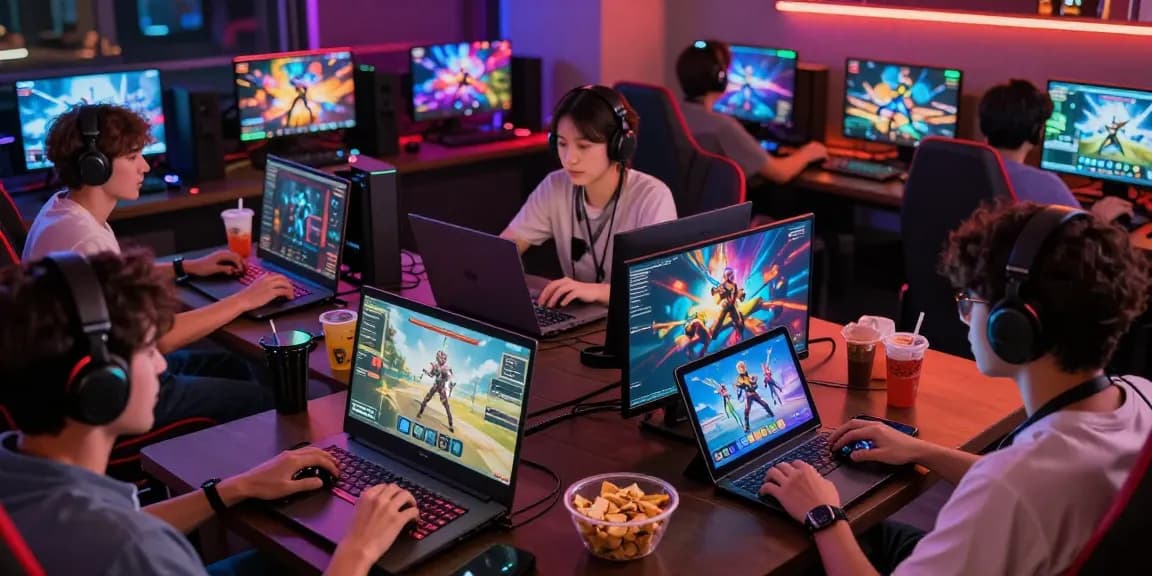 Exciting gaming lounge atmosphere with indocair digital entertainment on multiple devices.