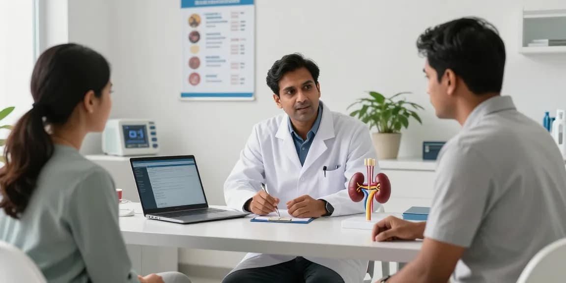 Patient consultation with the best urologist in Bhopal, Dr. Amit Kumar Jha, in a modern medical setting.
