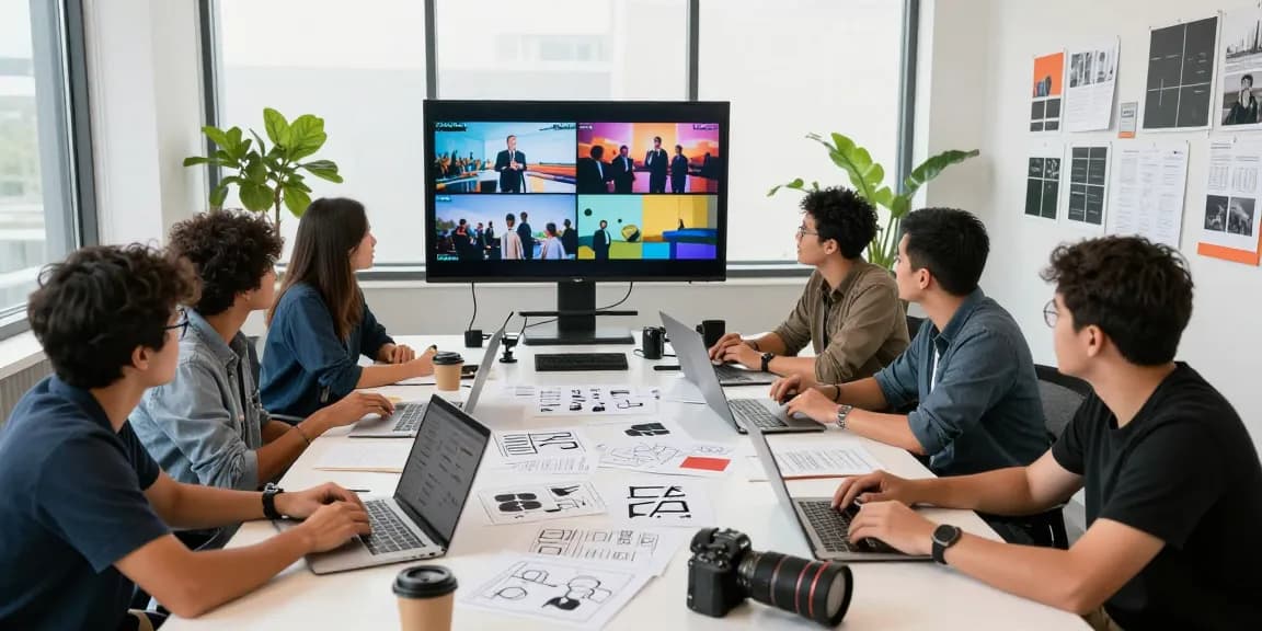 C&I Studios team collaborating on video projects in a creative studio environment filled with storyboards and technology.
