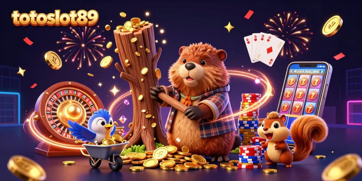 Totoslot89 showcases a charming 3D cartoon lumberjack beaver celebrating big wins with flying coins and gems.