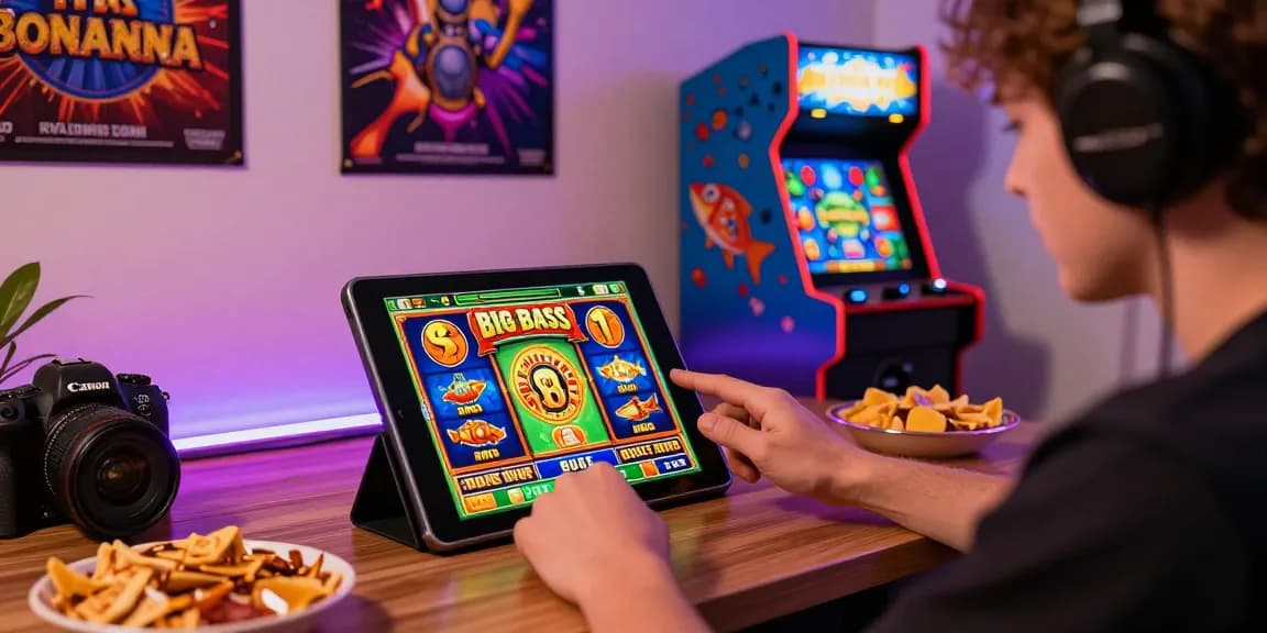 Engaging moment with Big Bass Bonanza slot game in a lively gaming setup filled with colorful decor.