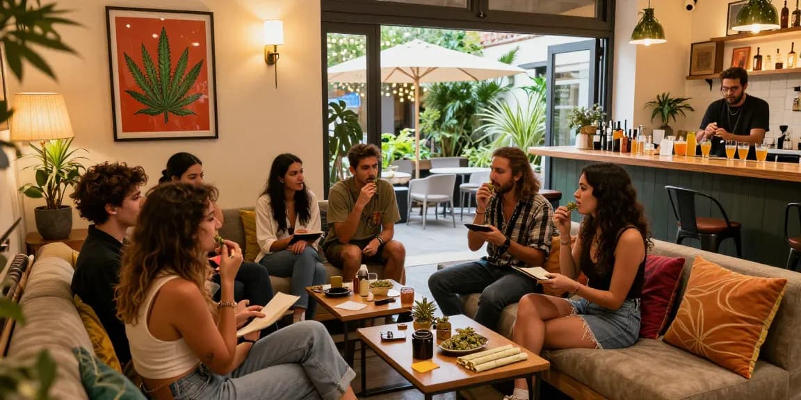 Community engagement at a Club Cannabis Madrid with friends sharing cannabis products in a cozy setting.