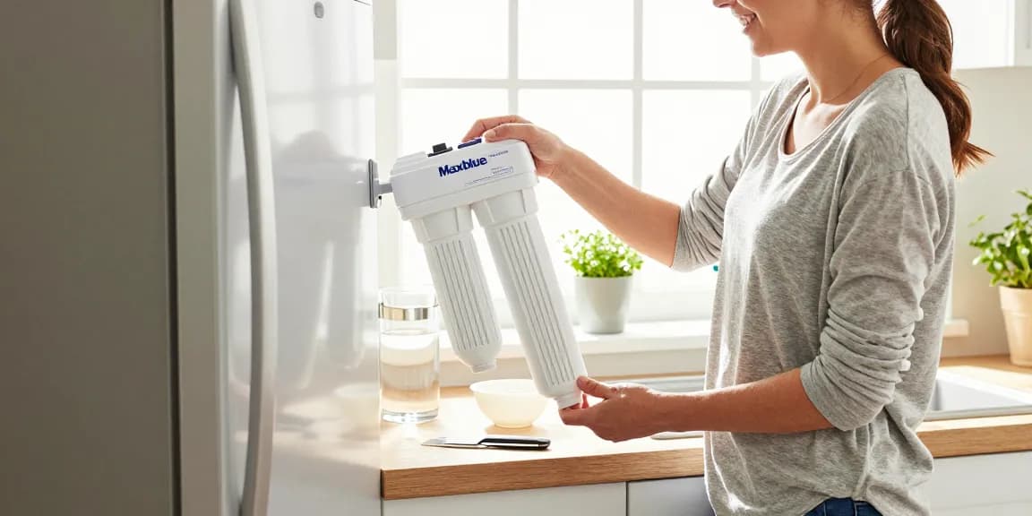 Homeowner replacing the Maxblue DA29-00020B Refrigerator Water Filter in a bright kitchen.