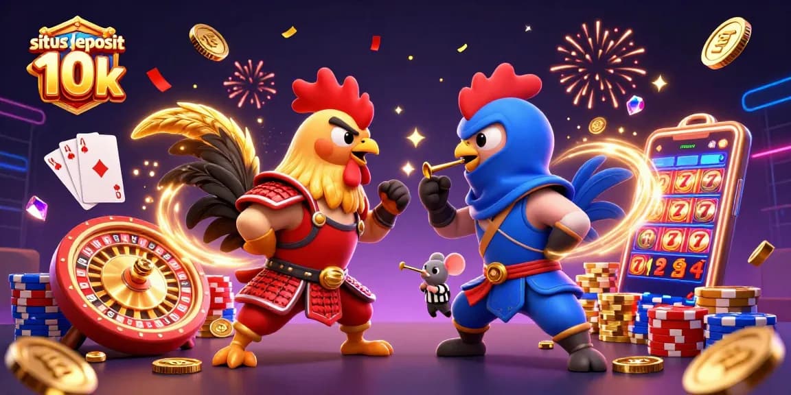 Experience the excitement of situs deposit 10k featuring fighting roosters amidst dazzling casino elements.