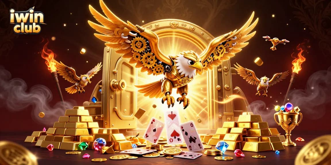 Experience triumph at iwin club with a majestic golden eagle amidst riches and gaming glory.