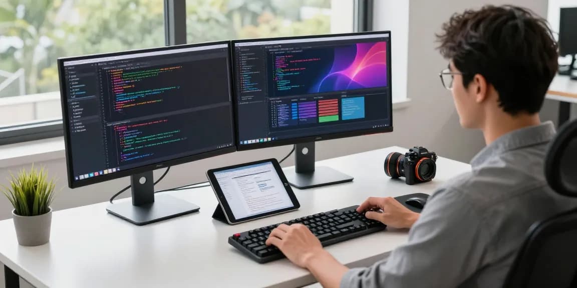 Engaged software engineer coding on dual monitors in a modern office, showcasing the efficiency of 纸飞机中文版.