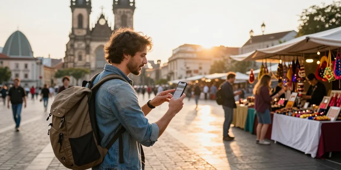 Engaged traveler using a local guide app while interacting with a local guide in a vibrant city.