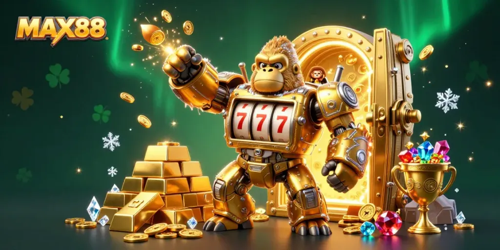 Experience the excitement of MAX88 with a golden gorilla mech combining slot machine elements and treasure in a vibrant casino scene.