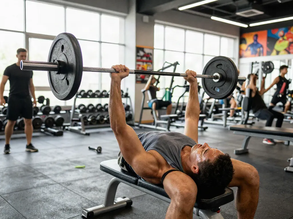 Dedicated athlete performing bench press in a modern gym, emphasizing steroidi anabolizzanti for optimal performance and fitness progress.