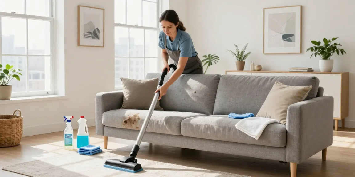 Sofa cleaning NYC by a professional in a bright living room, showcasing cleaning supplies and a modern sofa.