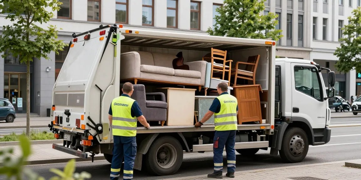 Sperrmüllabholung 80 Euro Berlin: Efficient waste collection team in urban setting, loading old furniture into truck.