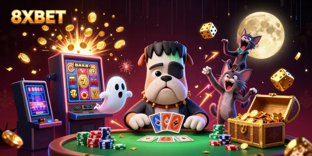 Experience thrilling gaming with 8XBET in a vibrant casino scene featuring unique characters.