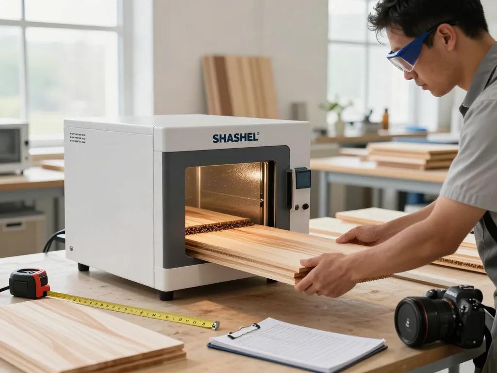SHASHEL® technician using microwave equipment for woodworm elimination in a modern workshop.