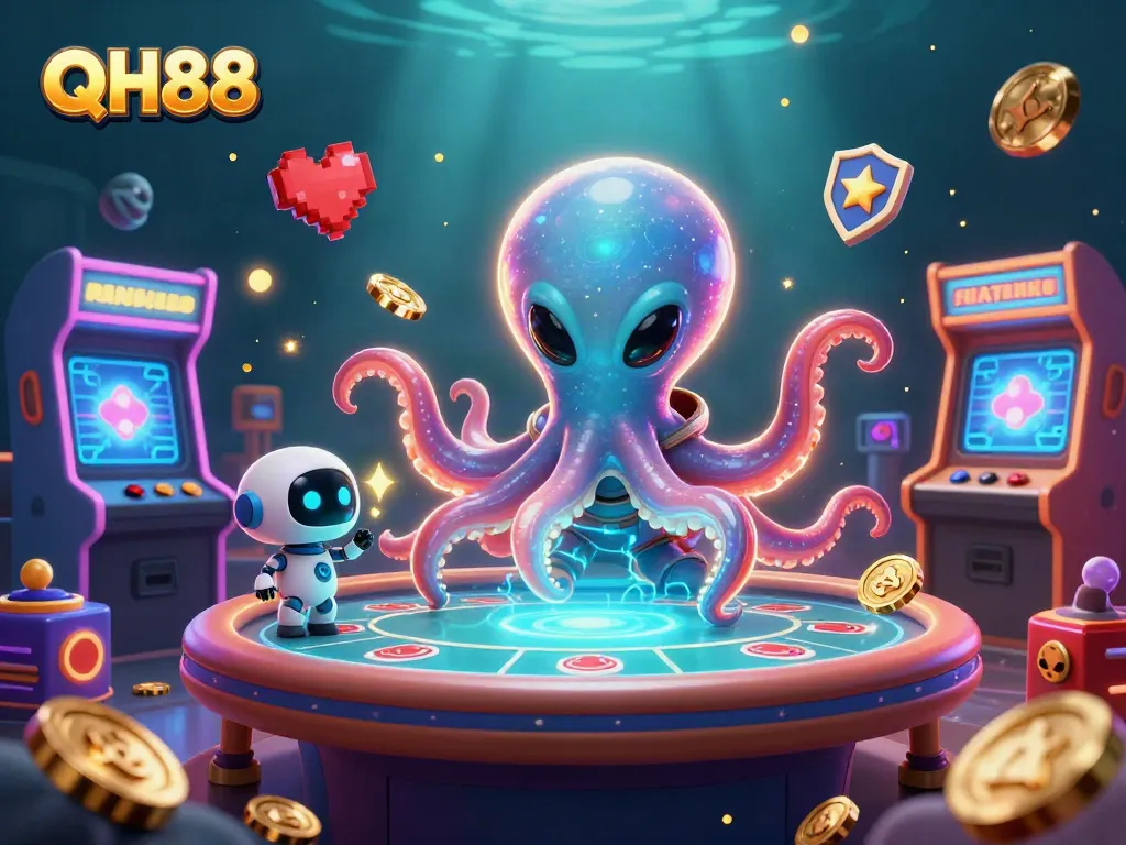 Play thrilling poker with QH88 in an exciting casino setting, featuring 3D cartoon characters and vibrant casino elements.