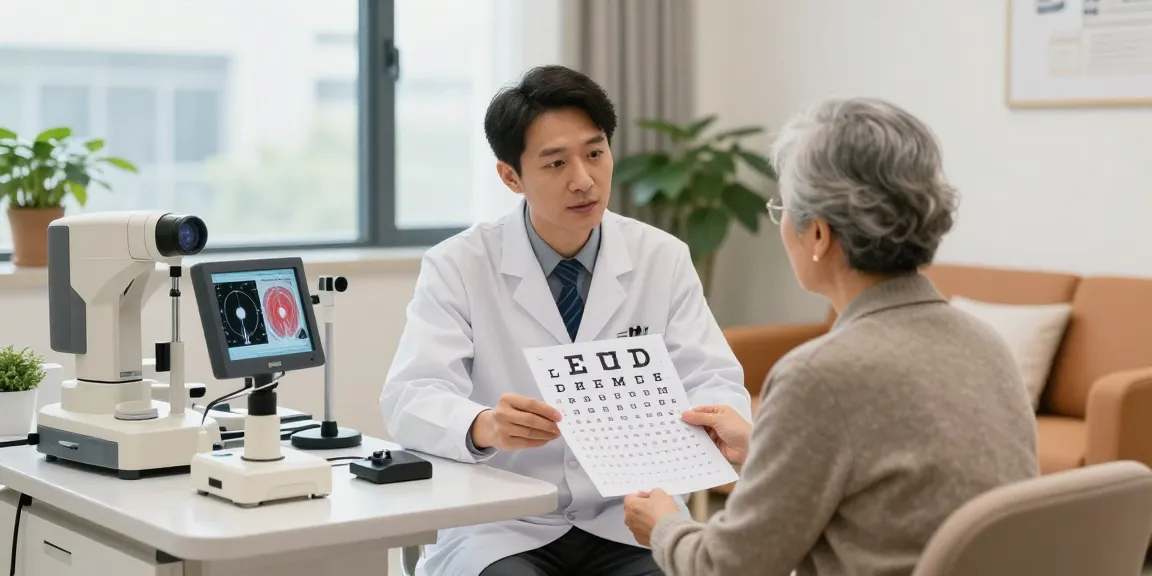 Ophthalmologist discussing glaucoma treatment with patient in an inviting and modern clinic.