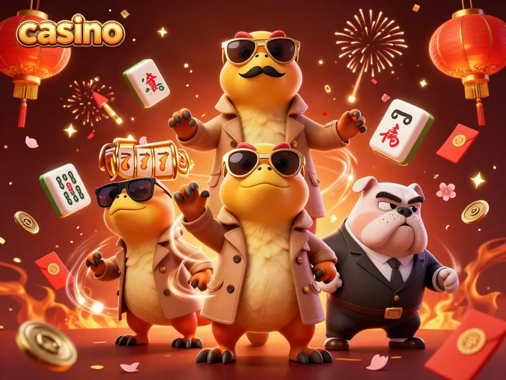 Three cartoon raptors disguised as a tall person enter a vibrant casino, surrounded by mahjong tiles, slot reels, and lanterns.