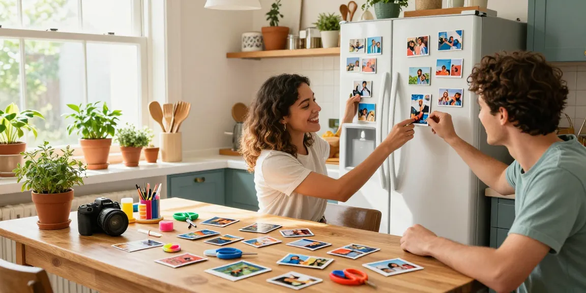 Couple crafting delightful fridge magnets with personal photos in a bright kitchen.